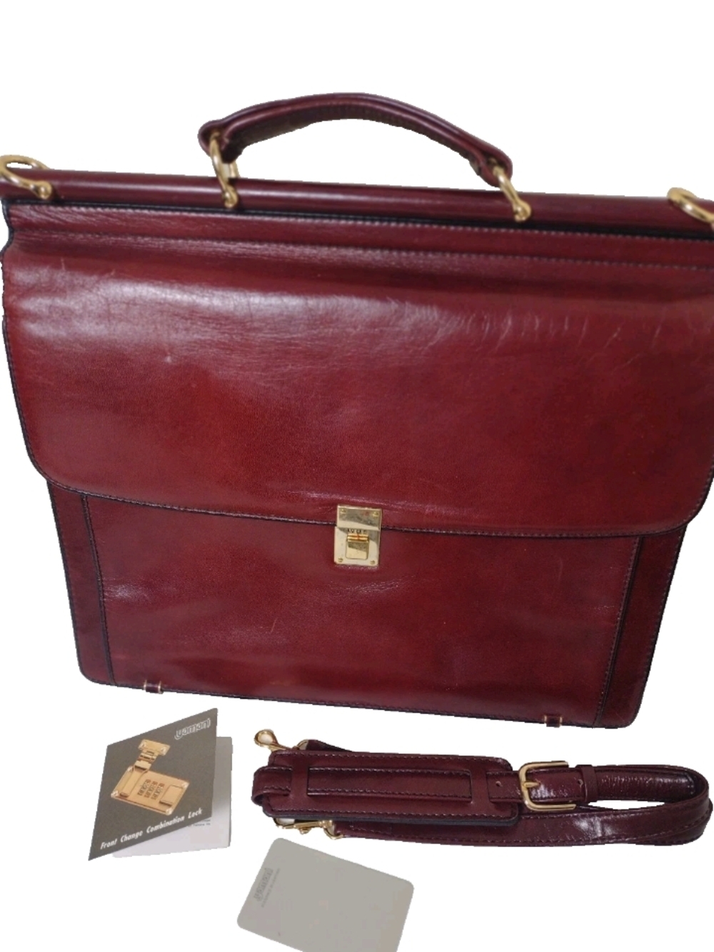 Classic Burgundy Leather Briefcase with Gold Hardware - Picture 6 of 16